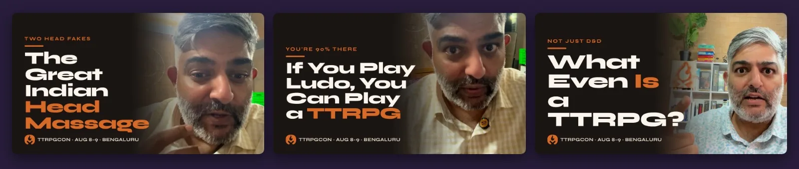 Three generated YouTube thumbnails side by side, each with a headline, a coloured rule and a portrait