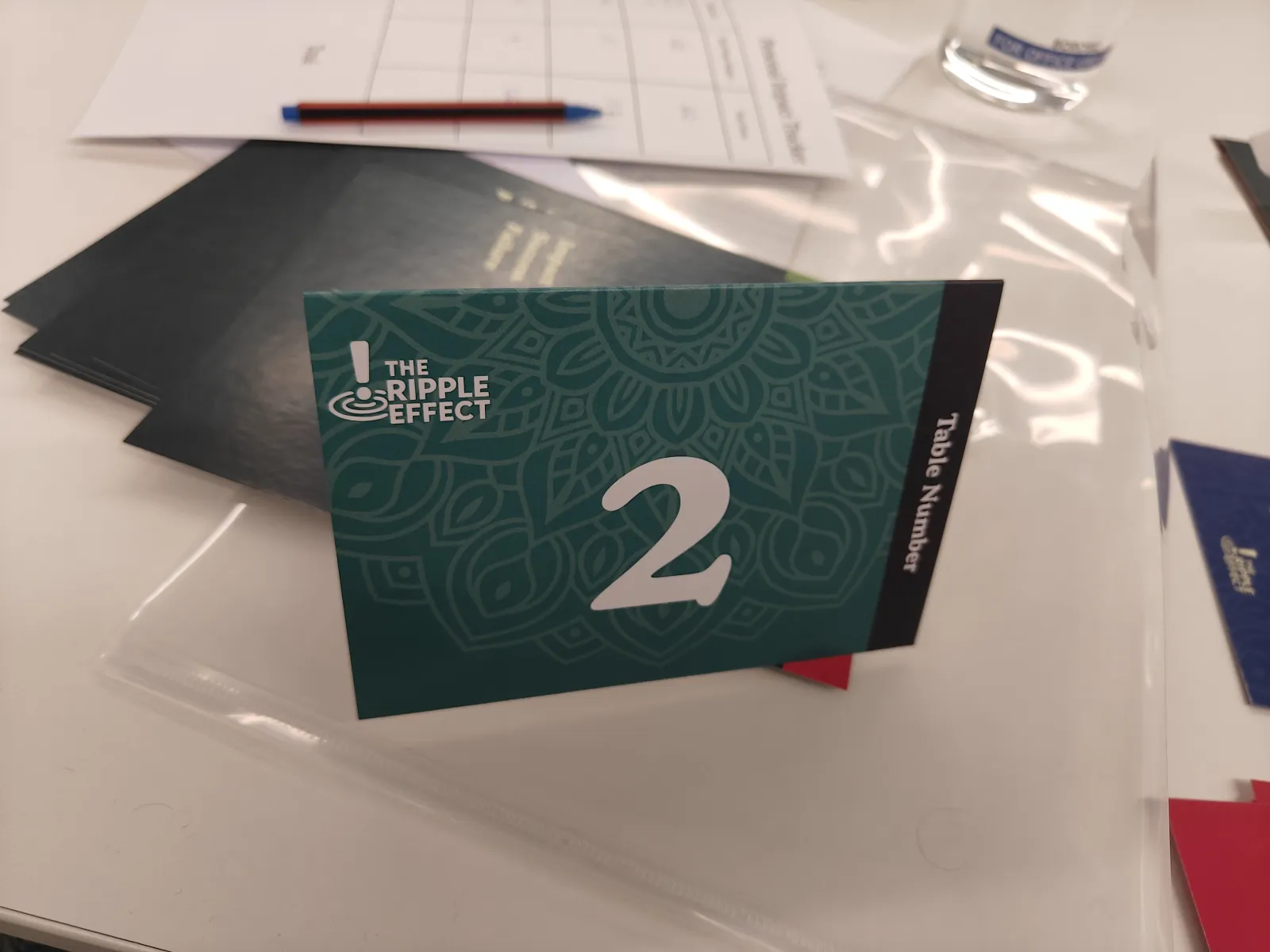 The Ripple Effect table kit laid out with project cards, a resource tracker and a scoring sheet