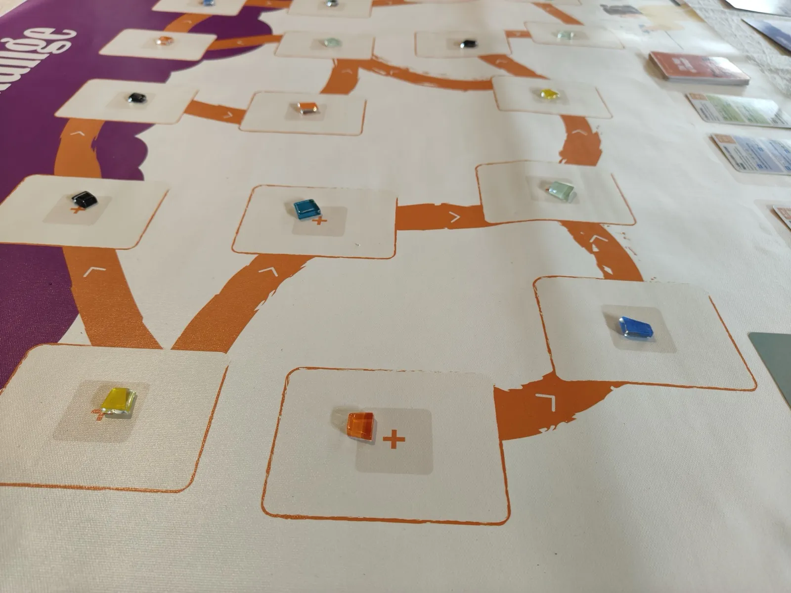 Serious-game board laid out with colorful playing pieces
